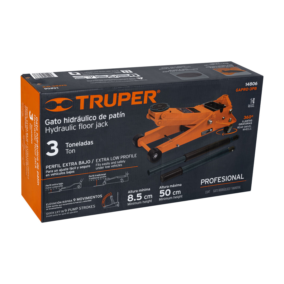 Gato hidráulico profesional de patín, 3t, elevación rápida