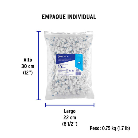Bolsa con 500 grapas blancas de 10 mm para cable redondo