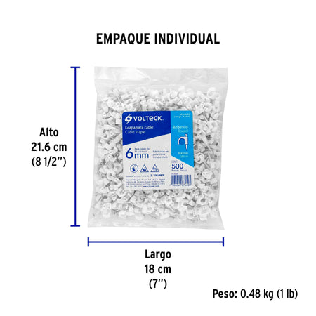 Bolsa con 500 grapas blancas de 6 mm para cable redondo