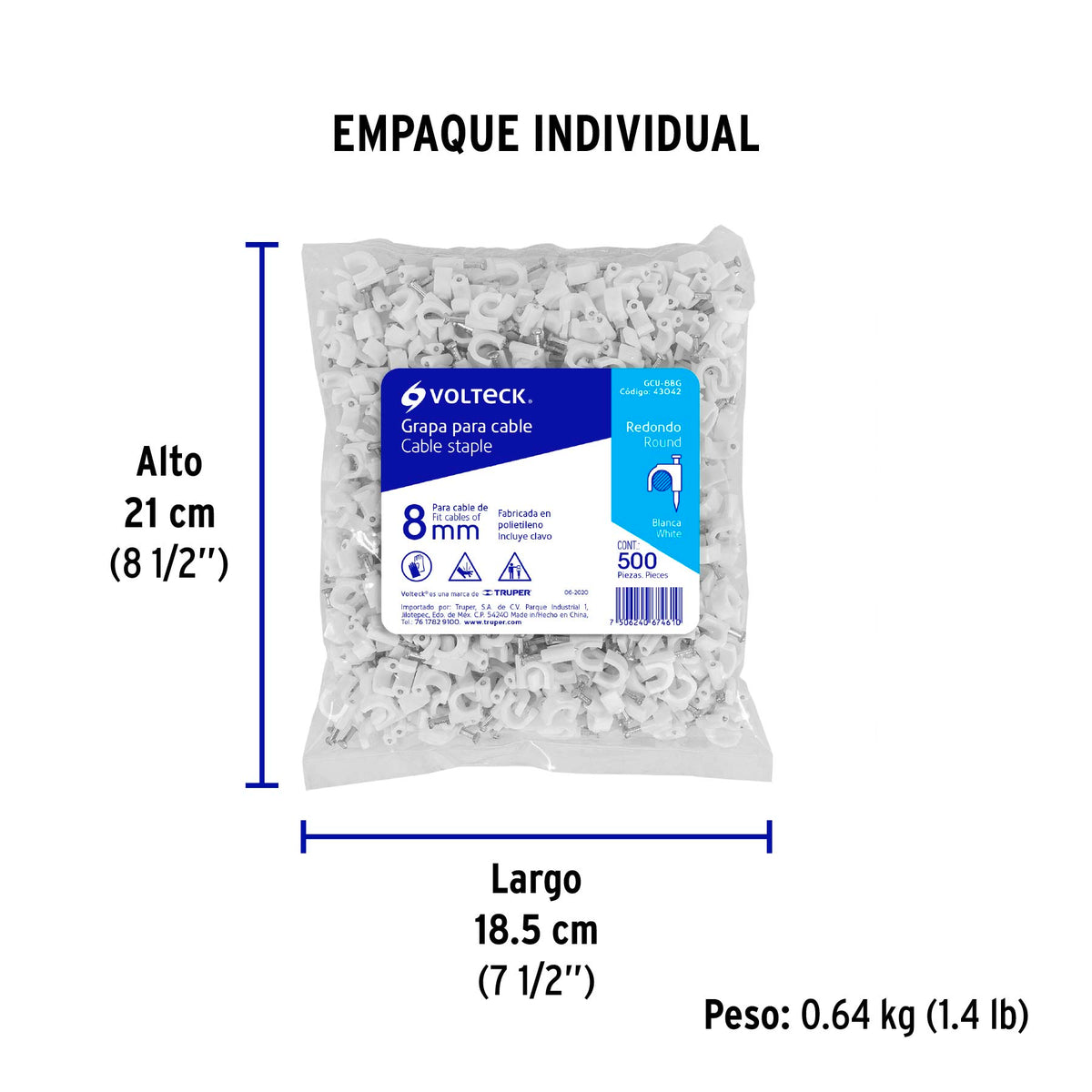 Bolsa con 500 grapas blancas de 8 mm para cable redondo