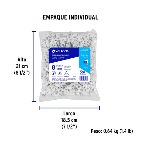 Bolsa con 500 grapas blancas de 8 mm para cable redondo