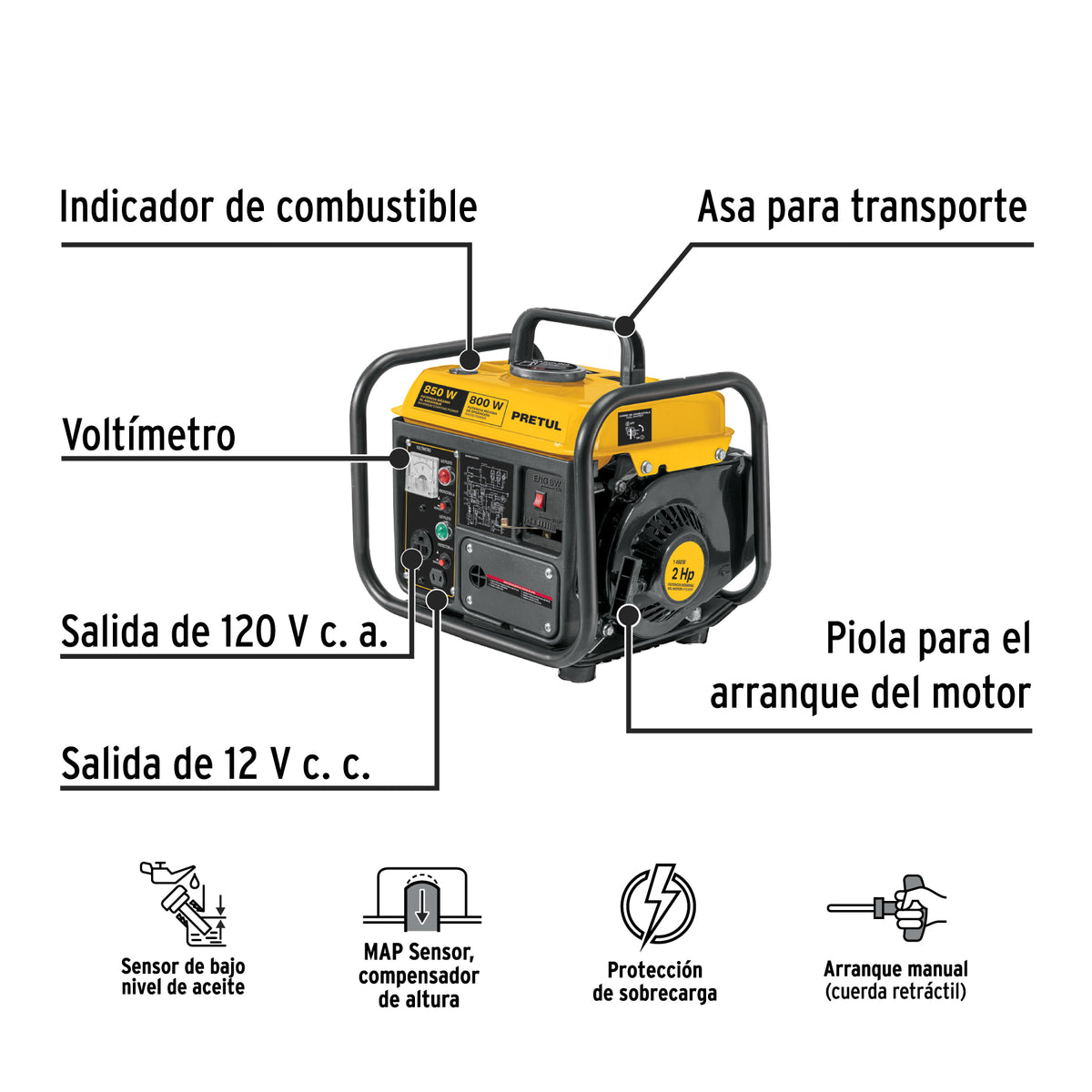 Generador portatil 0.8 kW motor 2 tiempos a gasolina PRETUL