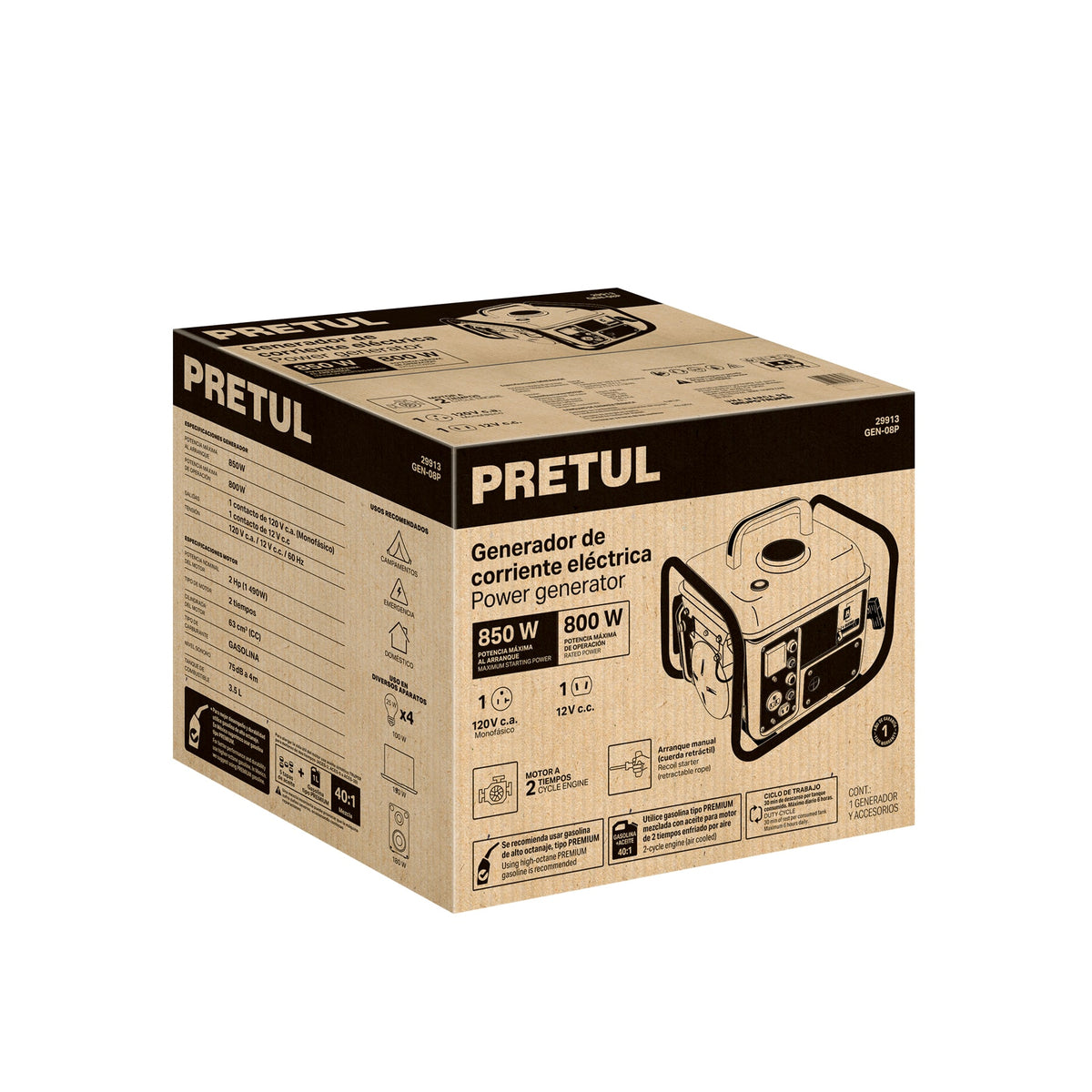 Generador portatil 0.8 kW motor 2 tiempos a gasolina PRETUL