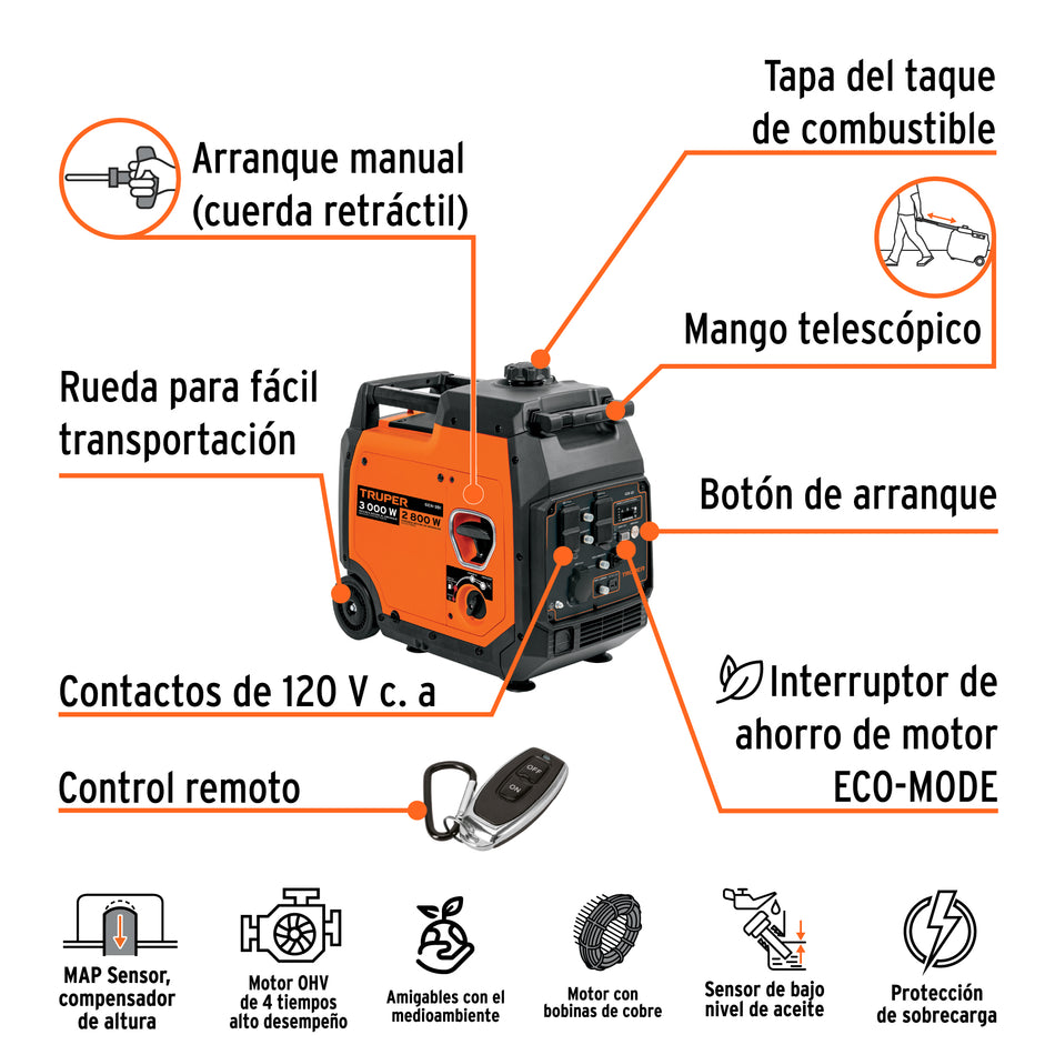 Generador inversor silencioso 3 kW, encendido electrónico