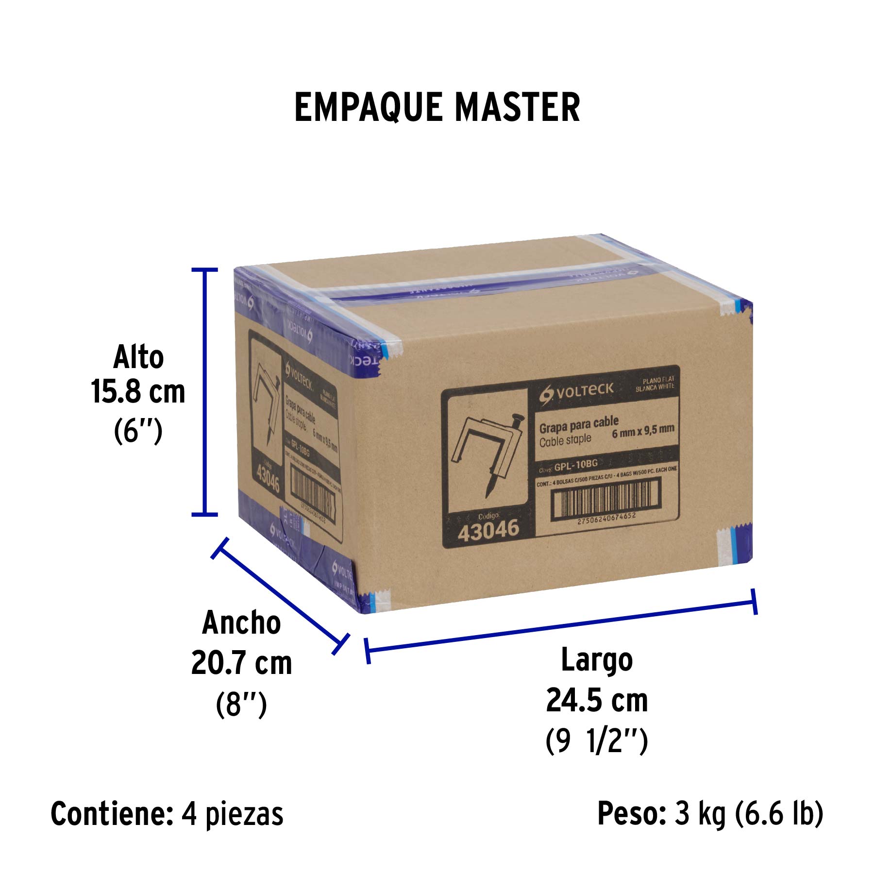 Bolsa con 500 grapas blancas de 6 x 9.5 mm para cable plano