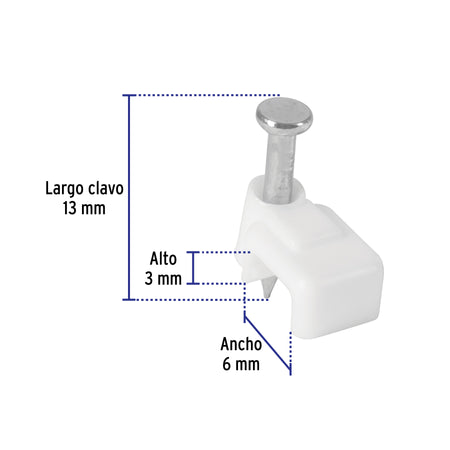 Bolsa con 500 grapas blancas de 3 X 6 mm para cable plano
