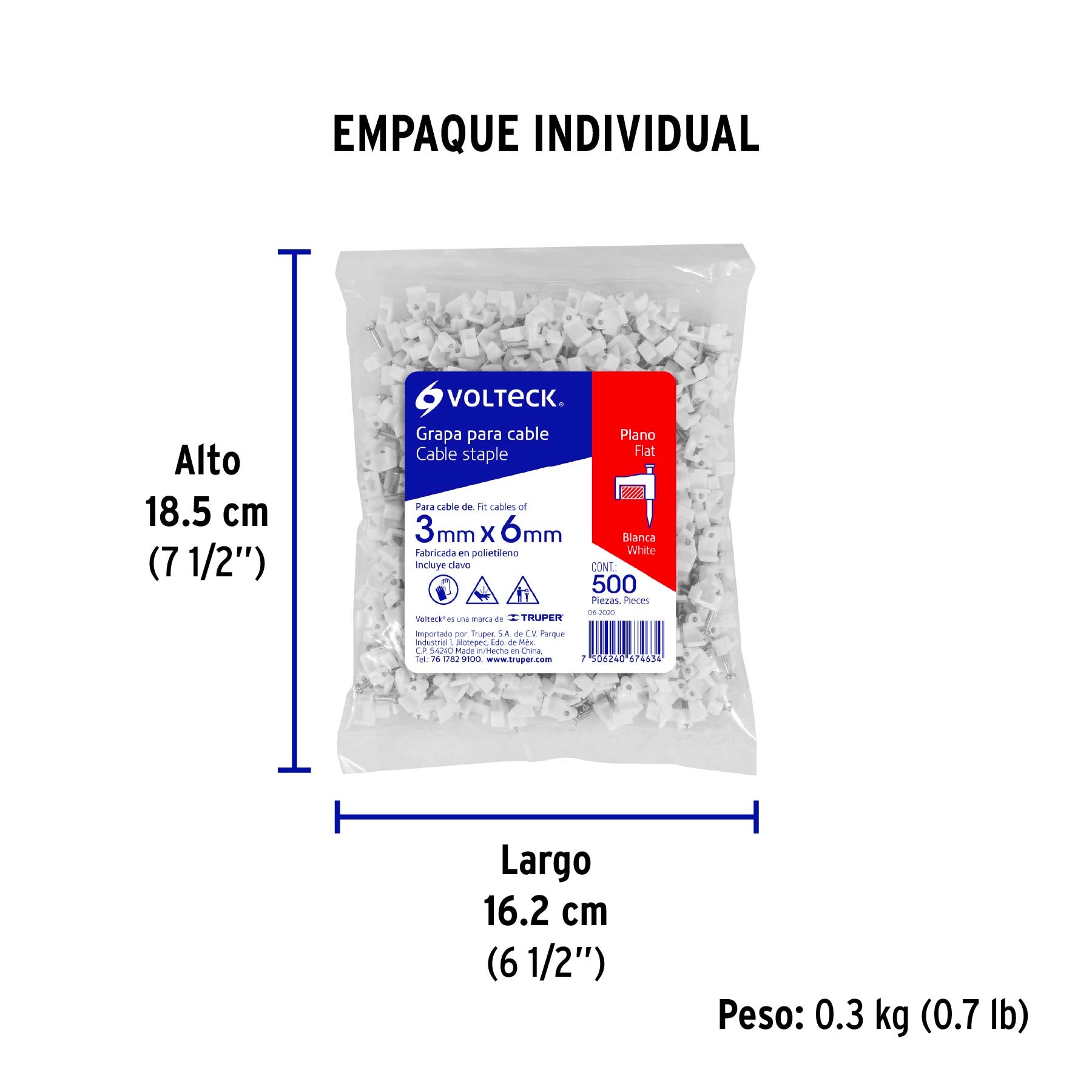 Bolsa con 500 grapas blancas de 3 X 6 mm para cable plano