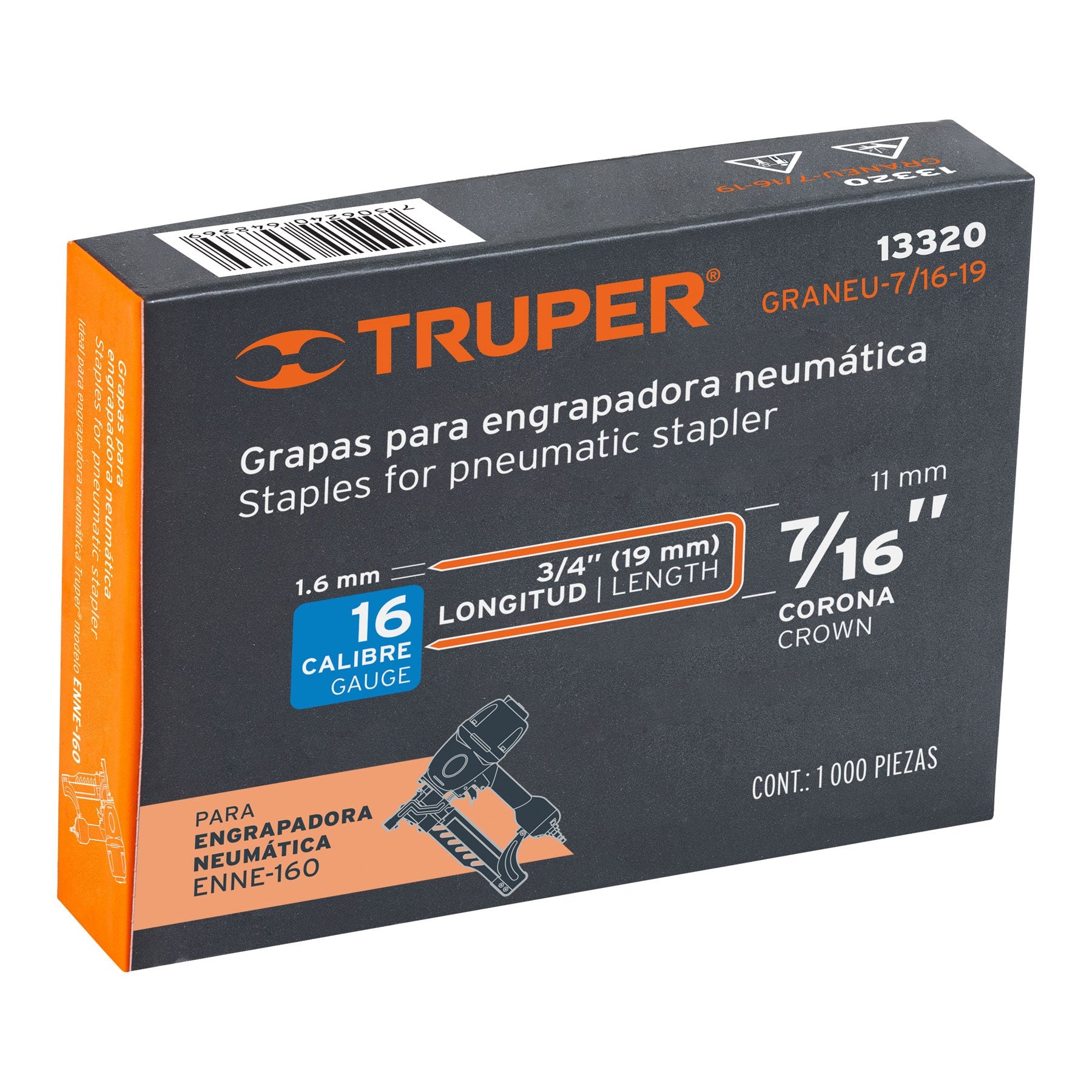 Caja con 1000 grapas corona 7/16' cal. 16, 19mm p/ENNE-160 7/16', 16, 19mm
