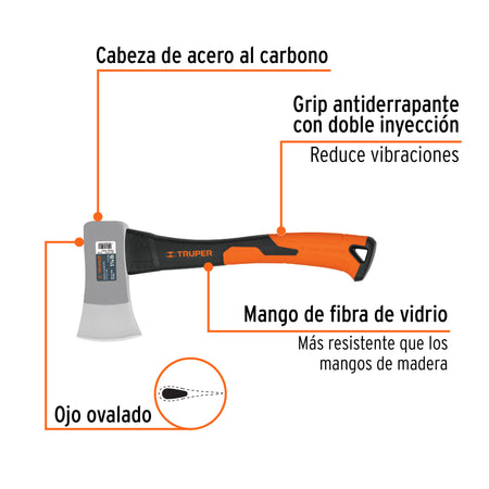 Hacha cazadora 1-1/4 lb, mango fibra de vidrio 14', Truper