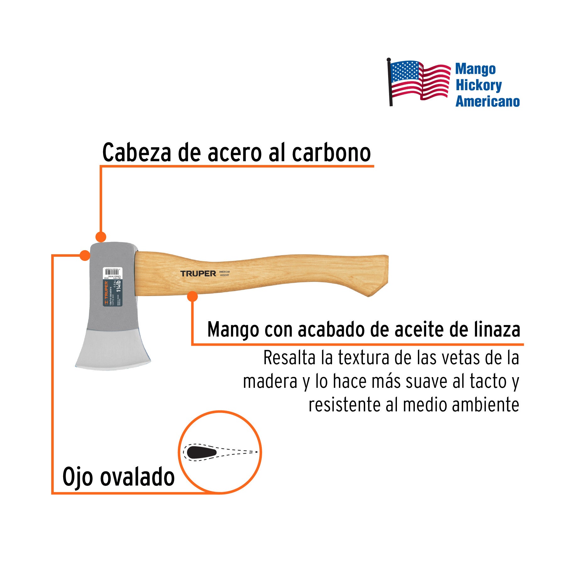 Hacha cazadora 1-1/4 lb, mango hickory 14', TRUPER 1/4 lb, 14'