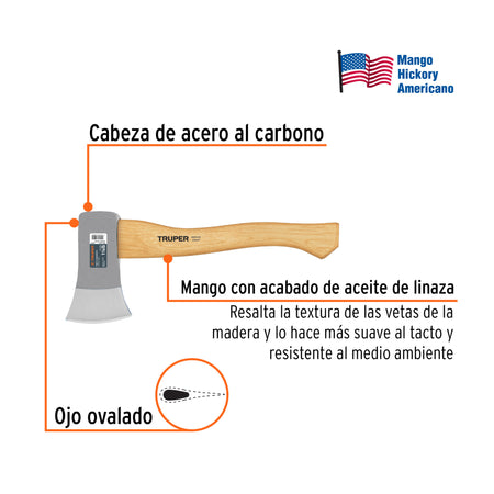 Hacha cazadora 1-1/4 lb, mango hickory 14', TRUPER 1/4 lb, 14'