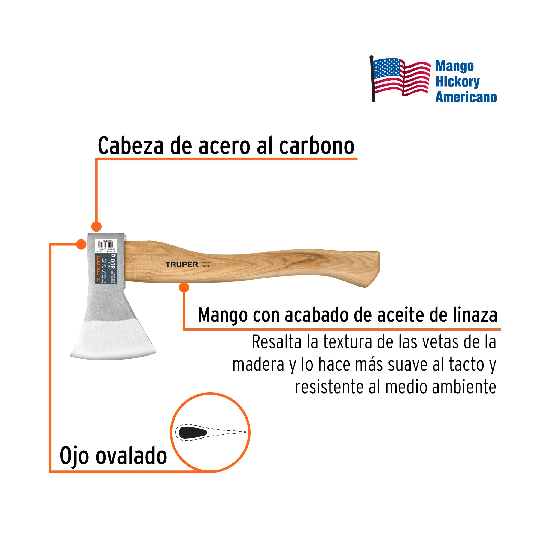 Hacha europea 800 g mango hickory 15" Truper