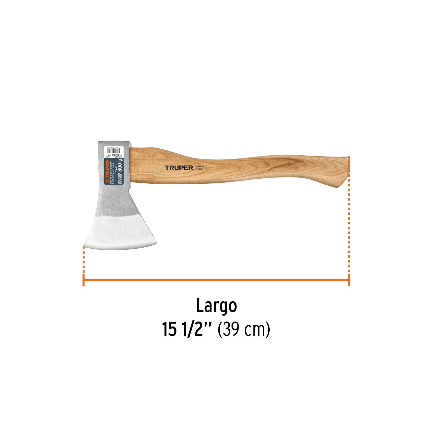 Hacha europea 800 g mango hickory 15" Truper