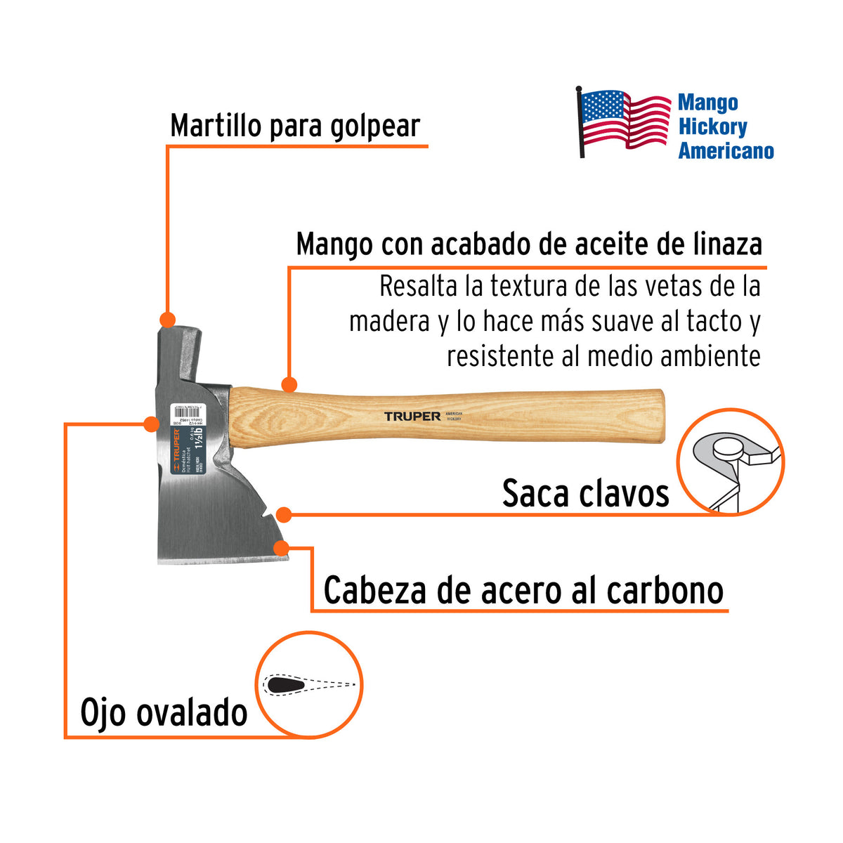 Hacha Doméstica 1-1/2 lb, mango hickory 14', Truper
