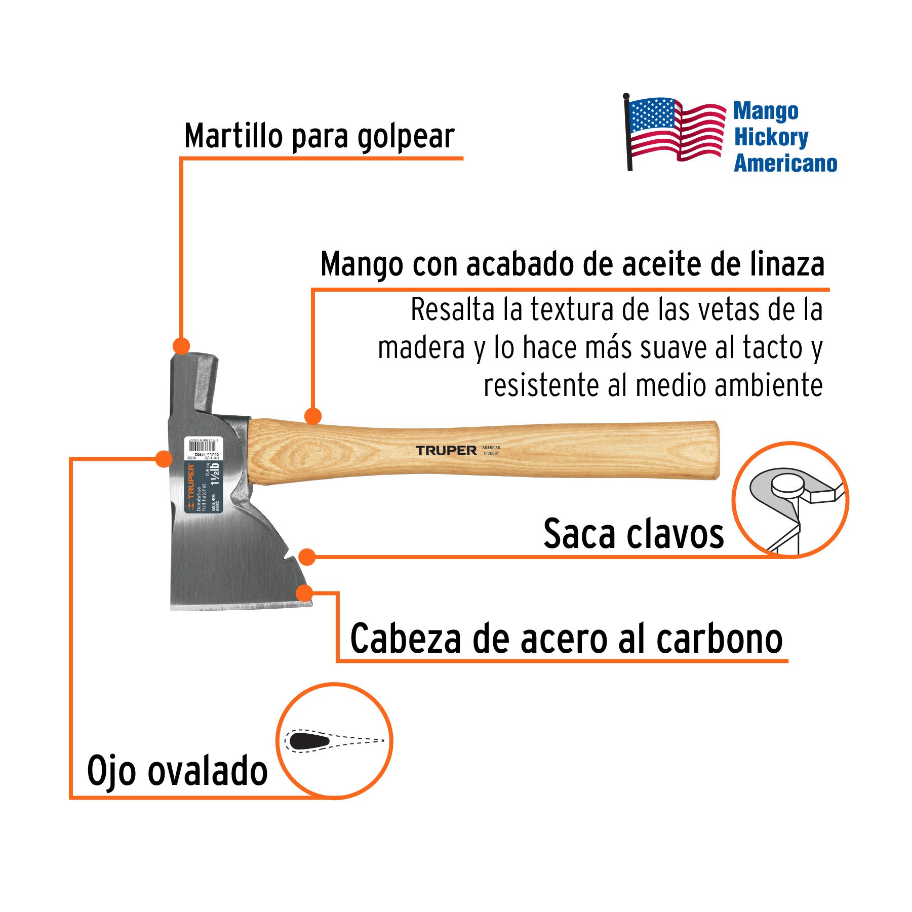 Hacha Doméstica 1-1/2 lb, mango hickory 14', Truper