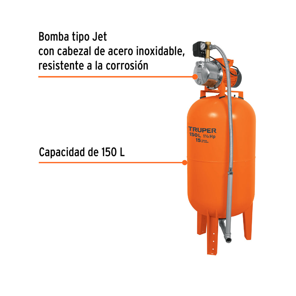 Equipo hidroneumático 150L, jet inoxidable 1-1/2 HP, TRUPER