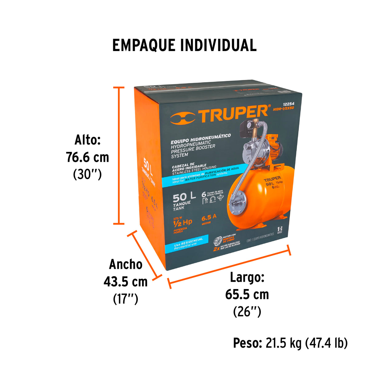 Equipo hidroneumático 50L, jet inoxidable 1/2 HP, TRUPER