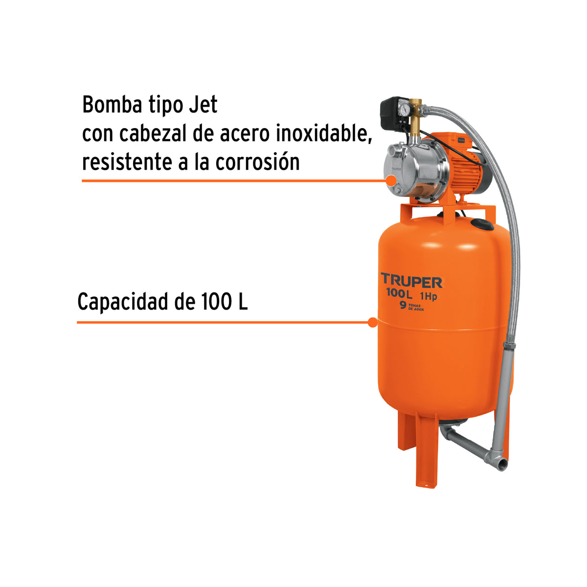 Equipo hidroneumático 100L, jet inoxidable 1 HP, TRUPER