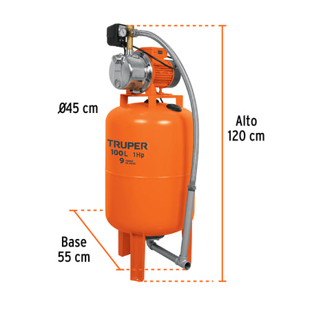 Equipo hidroneumático 100L, jet inoxidable 1 HP, TRUPER