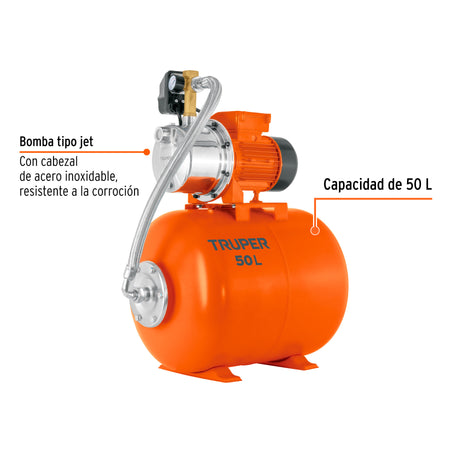 Equipo hidroneumático 50L, jet inoxidable 1 HP, TRUPER