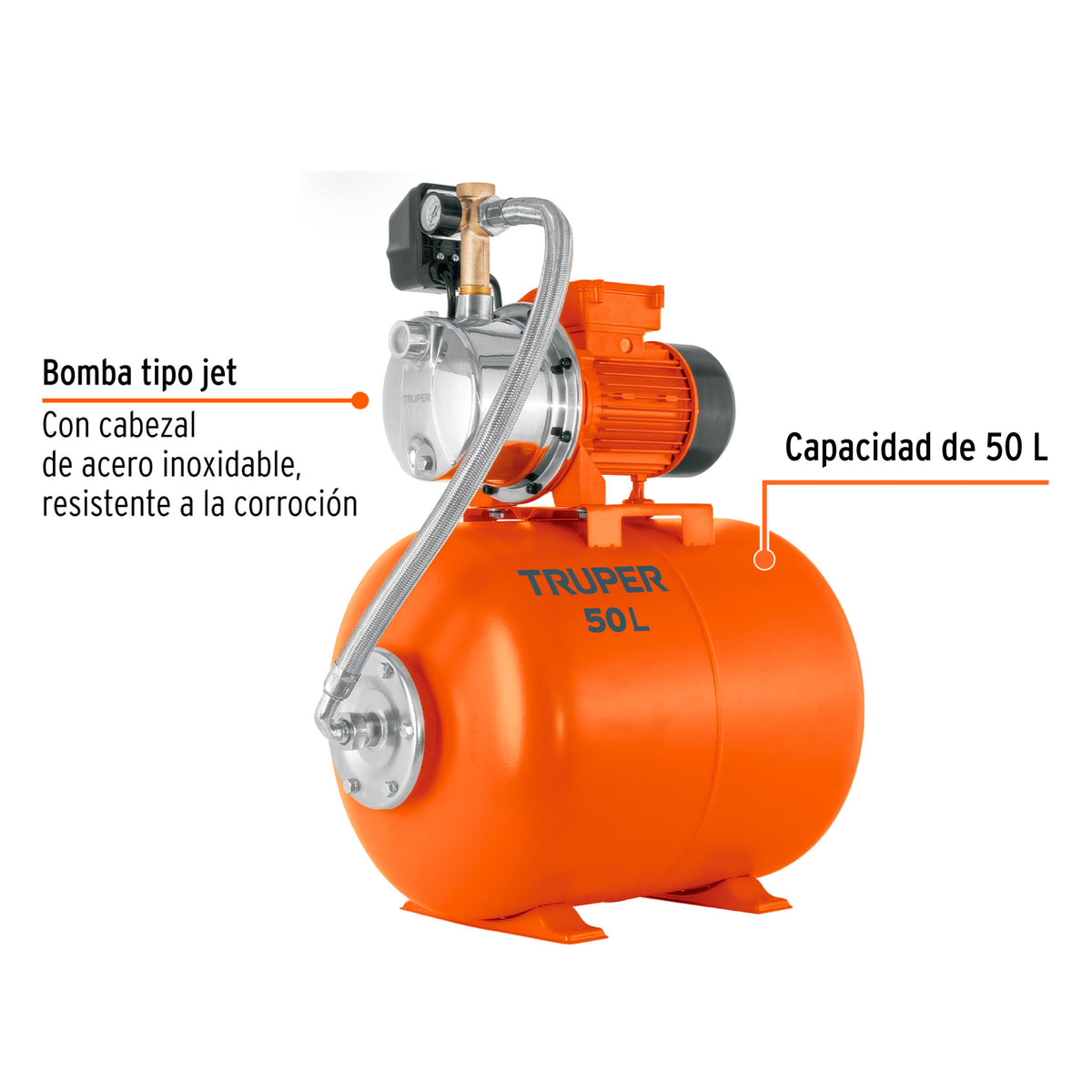 Equipo hidroneumático 50L, jet inoxidable 3/4 HP, TRUPER