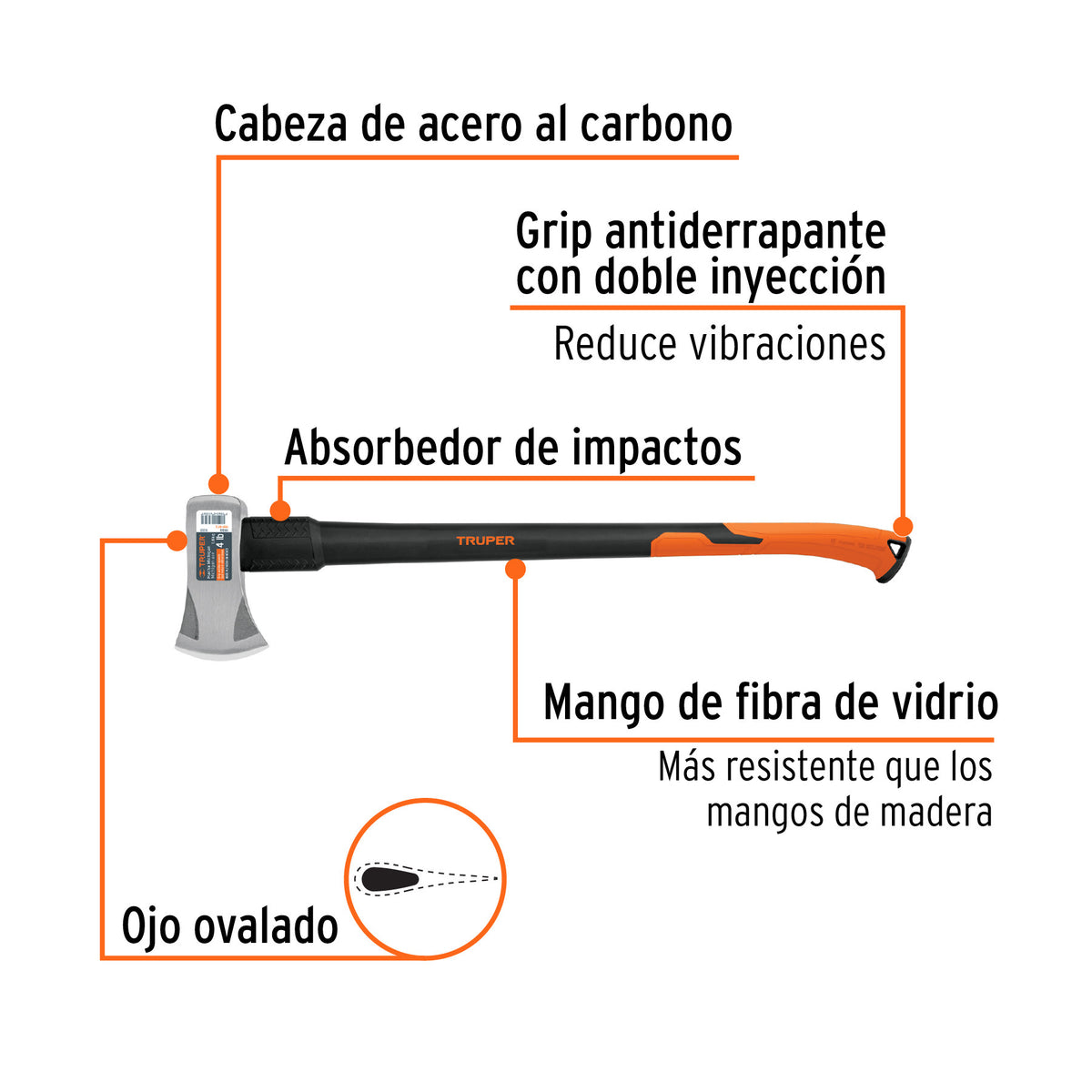 Hacha Michigan 4 lb, mango fibra de vidrio 34', Truper