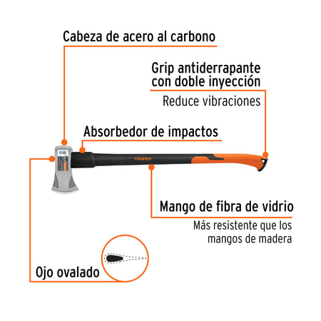 Hacha Michigan 4 lb, mango fibra de vidrio 34', Truper