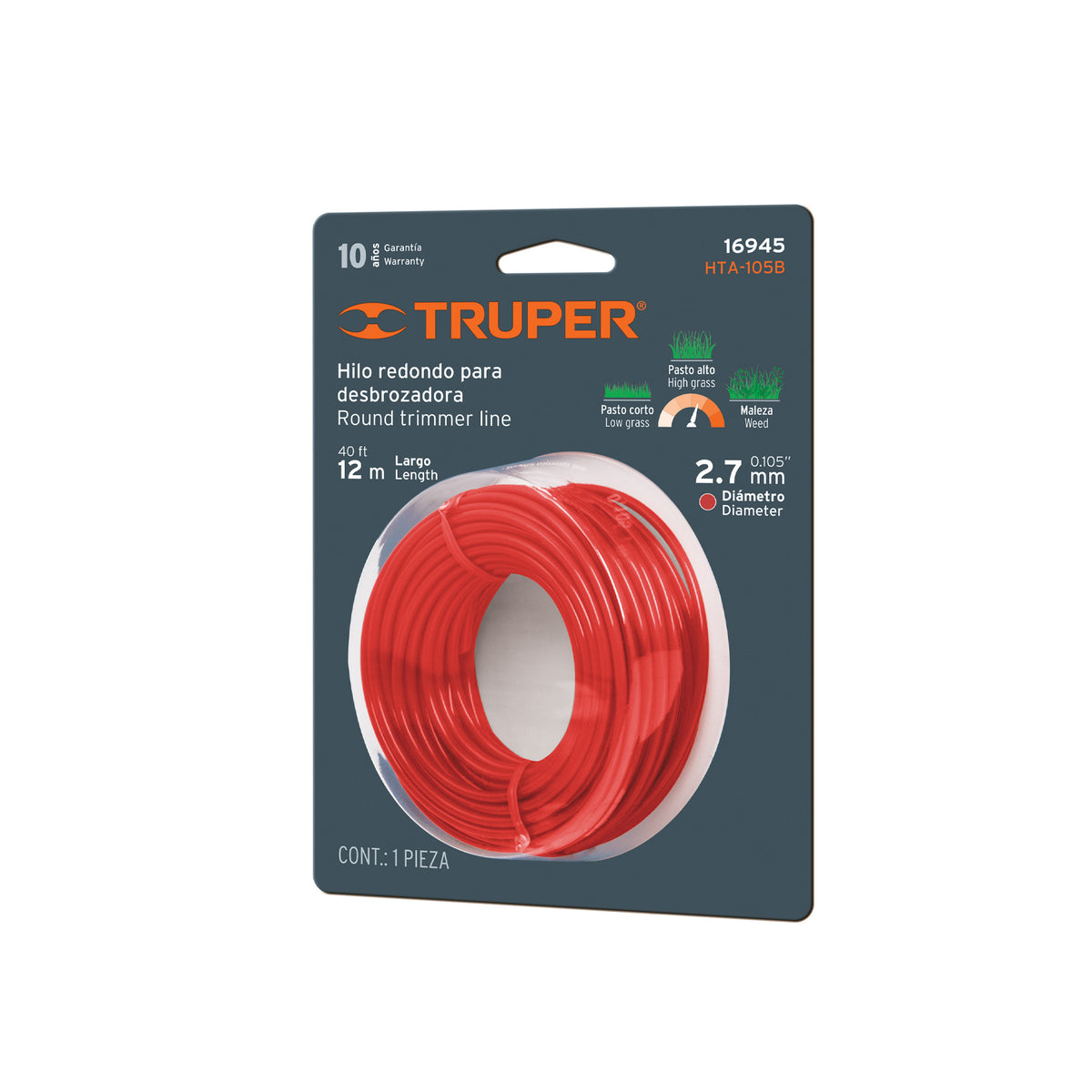 Hilo redondo para desbrozadora 2.7mm x12m tarjeta TRUPER