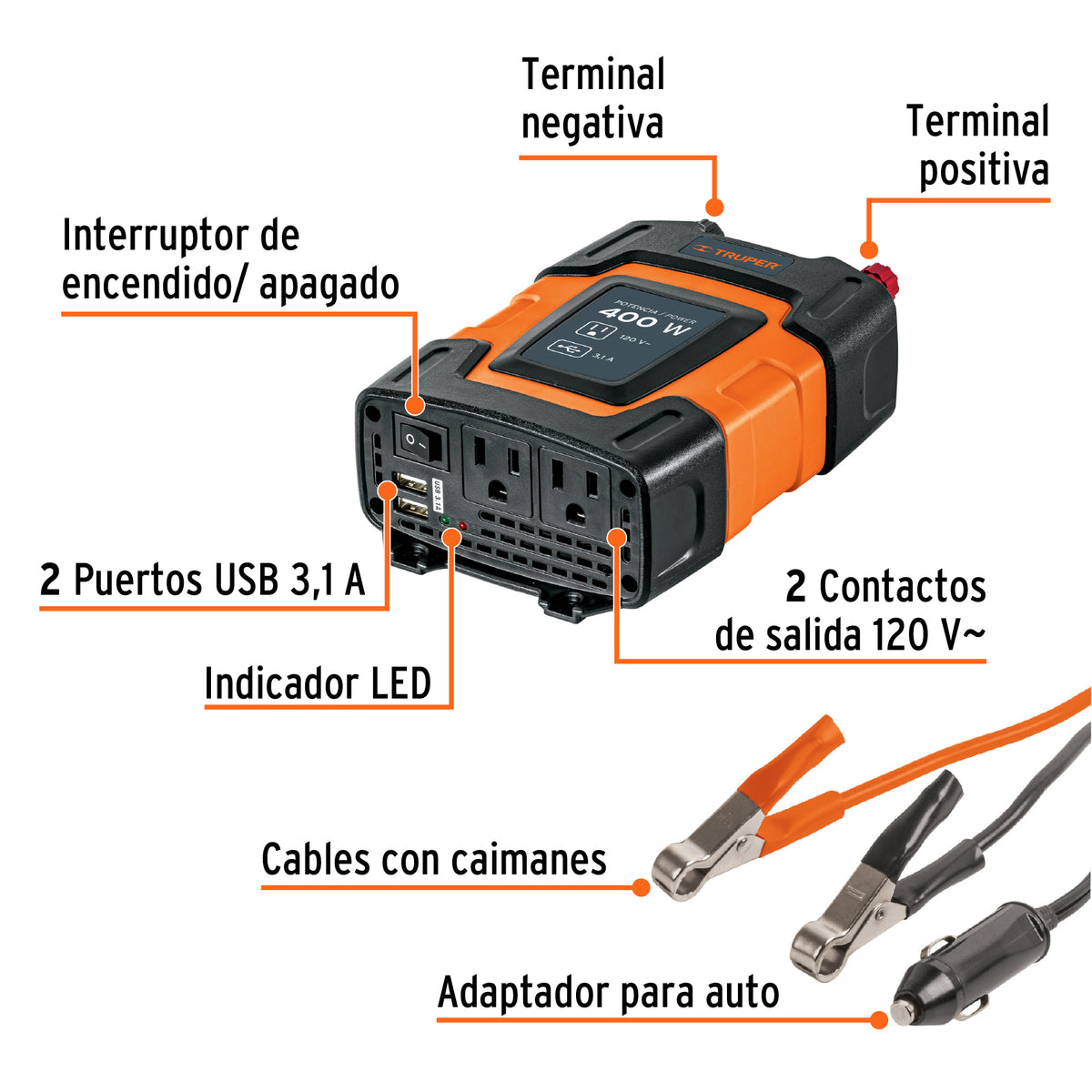 Inversor de corriente de con puertos USB Truper 400W