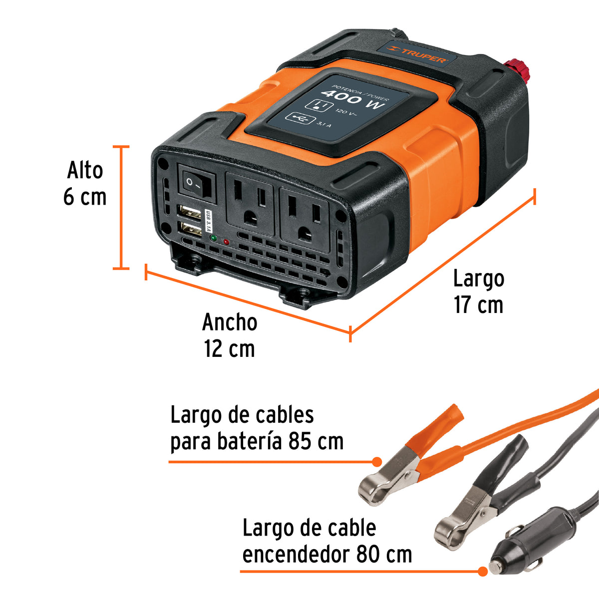 Inversor de corriente de con puertos USB Truper 400W