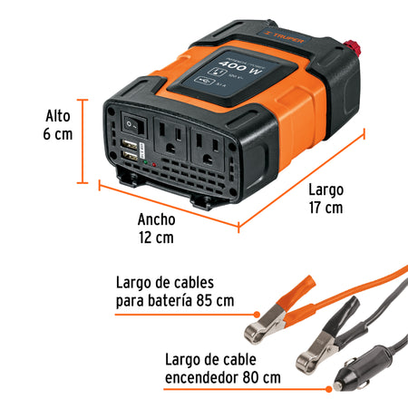 Inversor de corriente de con puertos USB Truper 400W