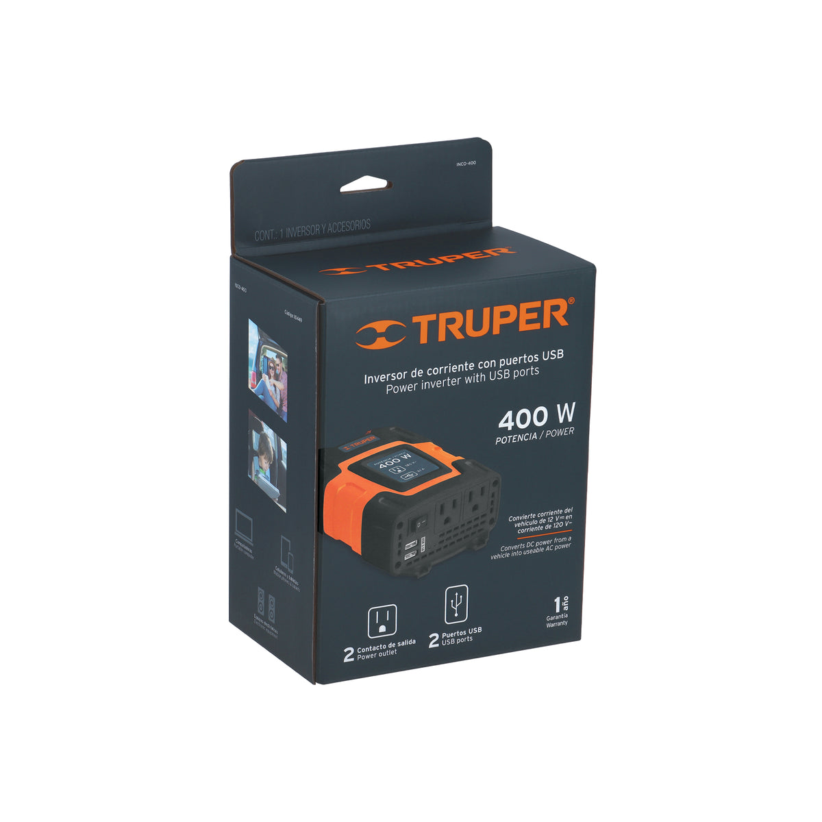 Inversor de corriente de con puertos USB Truper 400W