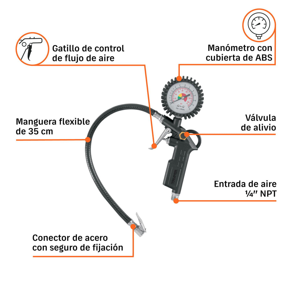Inflador de llantas con manómetro, 1/4" NPT, TRUPER