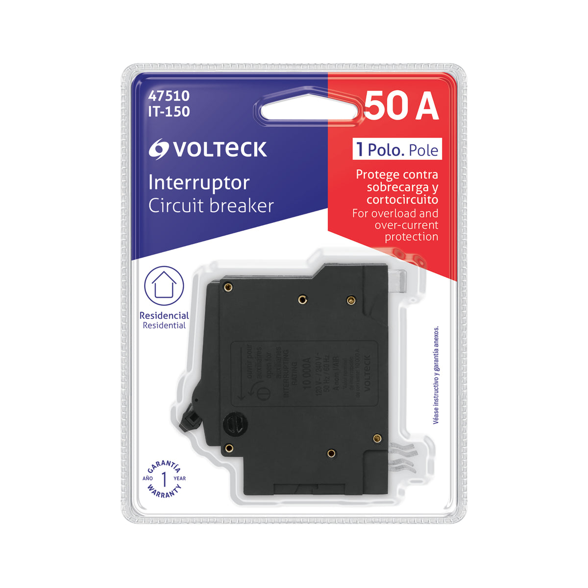 Interruptor de 1 polo 50A, enchufable, VOLTECK