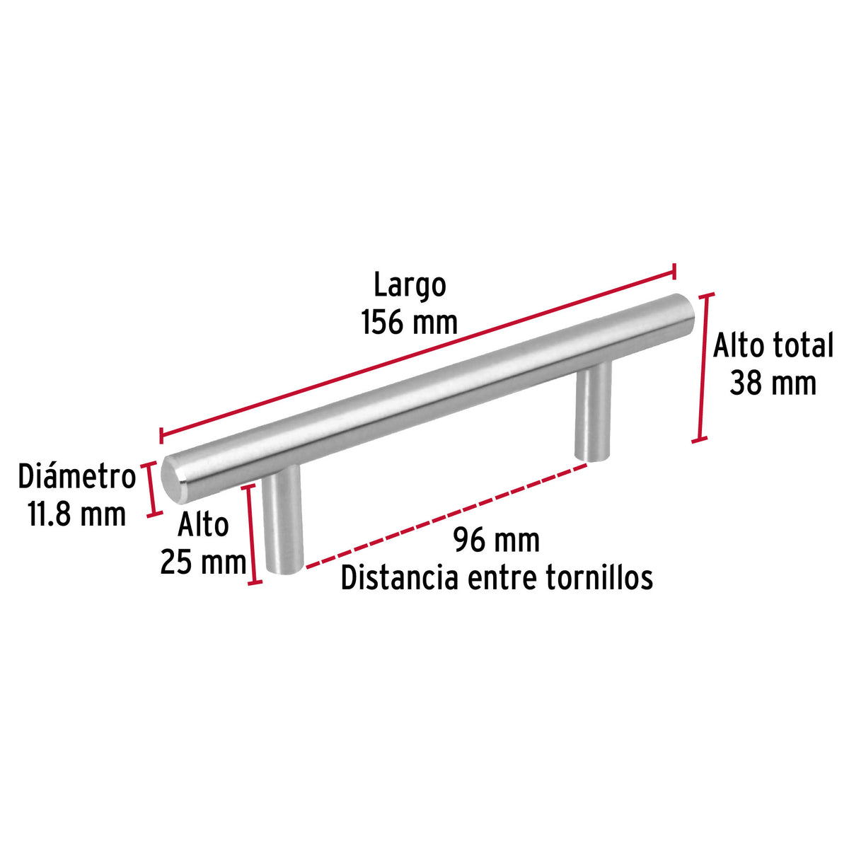 Jaladera de acero, 96mm, línea Cilindro, níquel, HERMEX 96mm