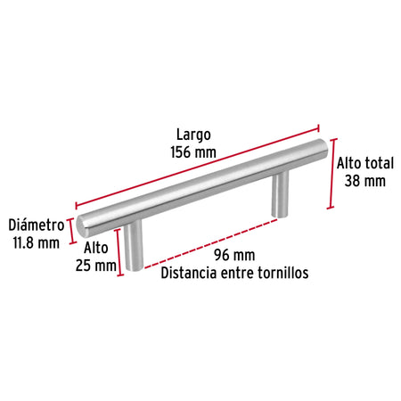 Jaladera de acero, 96mm, línea Cilindro, níquel, HERMEX 96mm