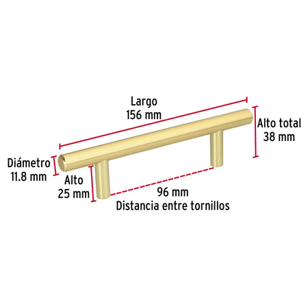 Jaladera de acero, 96mm, línea Cilindro, latón brillante 96mm, brillante