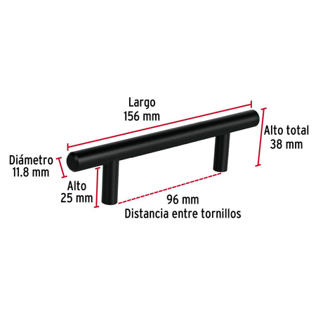 Jaladera de acero, 96mm, línea Cilindro, negro, HERMEX 96mm, negro