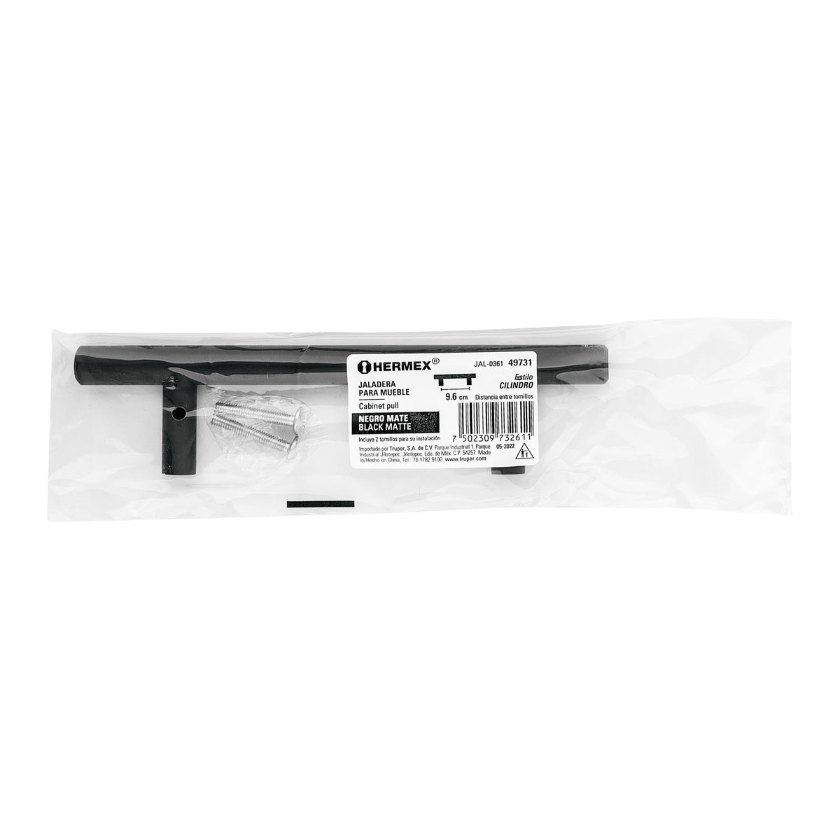 Jaladera de acero, 96mm, línea Cilindro, negro, HERMEX 96mm, negro