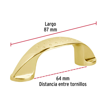 Jaladera de 64mm, línea Elipse, latón brillante, HERMEX 64mm, brillante