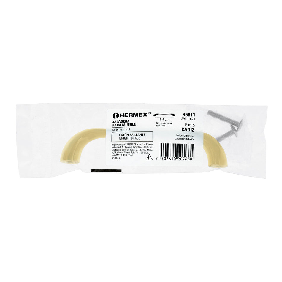 Jaladera de 96mm, línea Cádiz, latón brillante, HERMEX 96mm, brillante