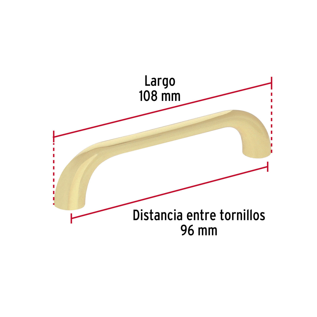 Jaladera de 96mm, línea Cádiz, latón brillante, HERMEX 96mm, brillante