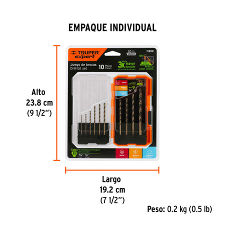 Juego de 10 brocas HSS para metal en estuche Truper Expert