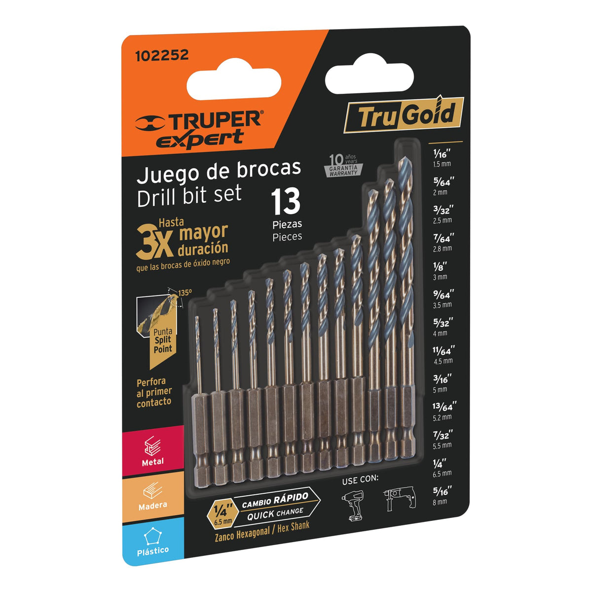 Juego de 13 brocas HSS p/metal zanco cambio rapido Expert