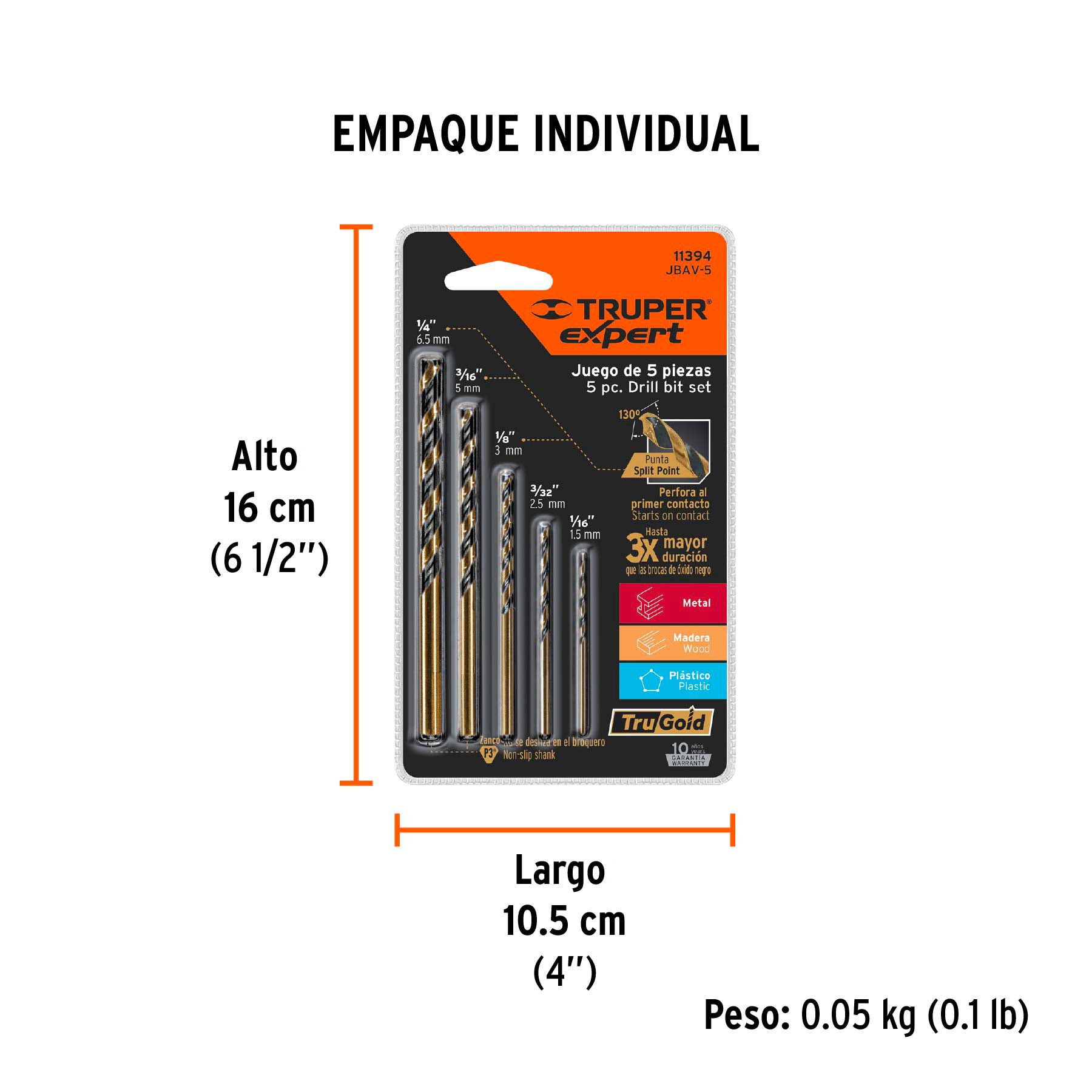 Juego de 5 brocas HSS para metal Truper Expert