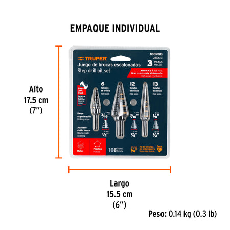Juego de 3 brocas escalonadas de oxido negro Truper