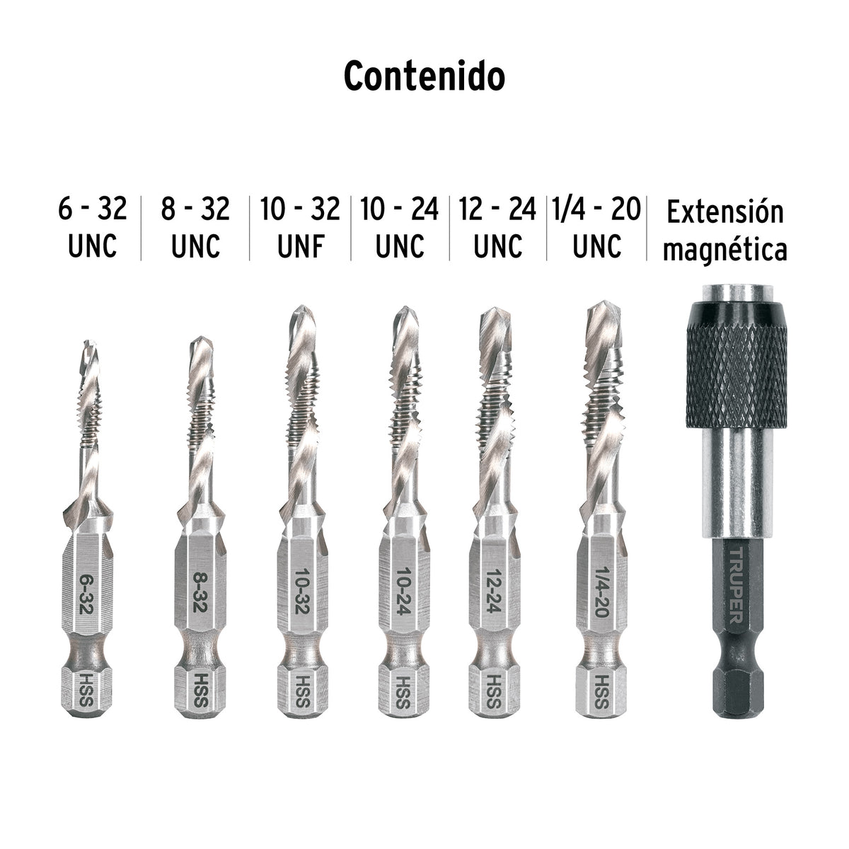 Juego de 6 brocas HSS con machuelo para metal Truper