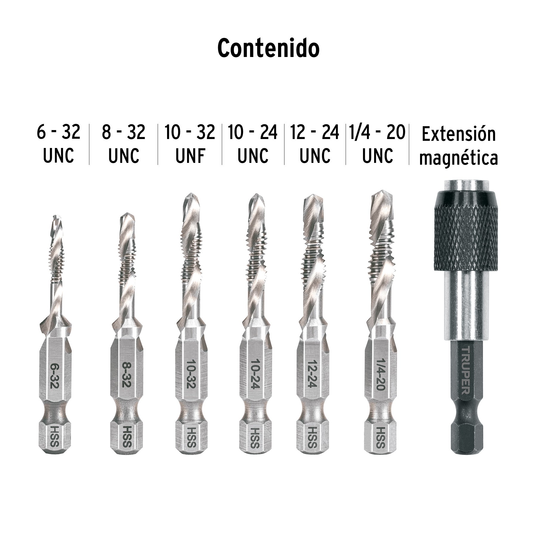 Juego de 6 brocas HSS con machuelo para metal Truper