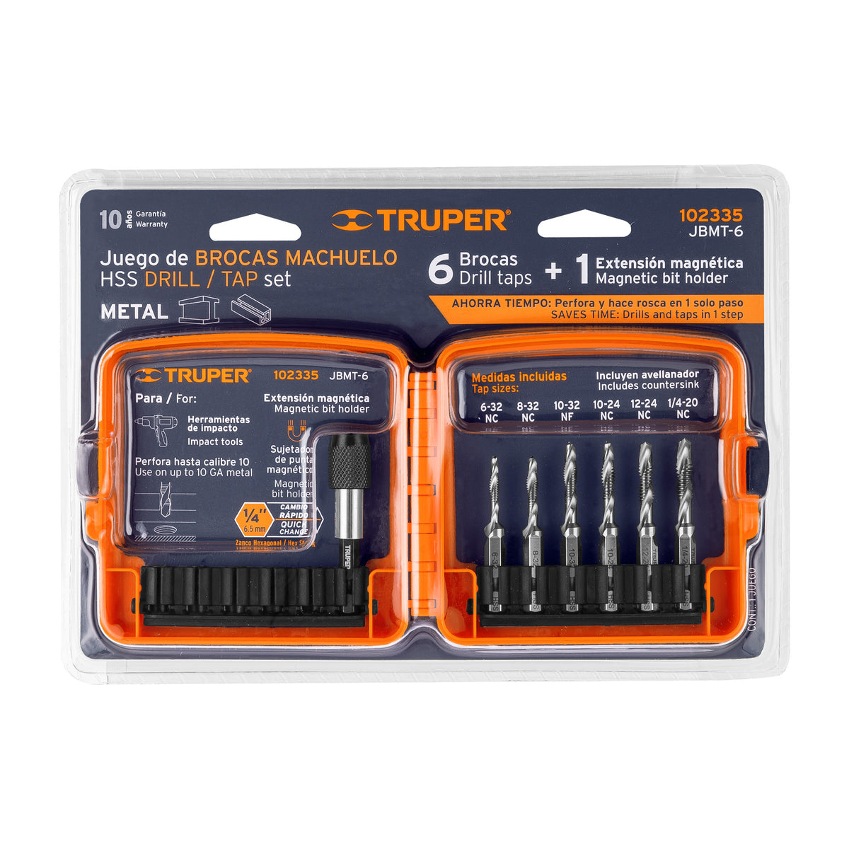 Juego de 6 brocas HSS con machuelo para metal Truper