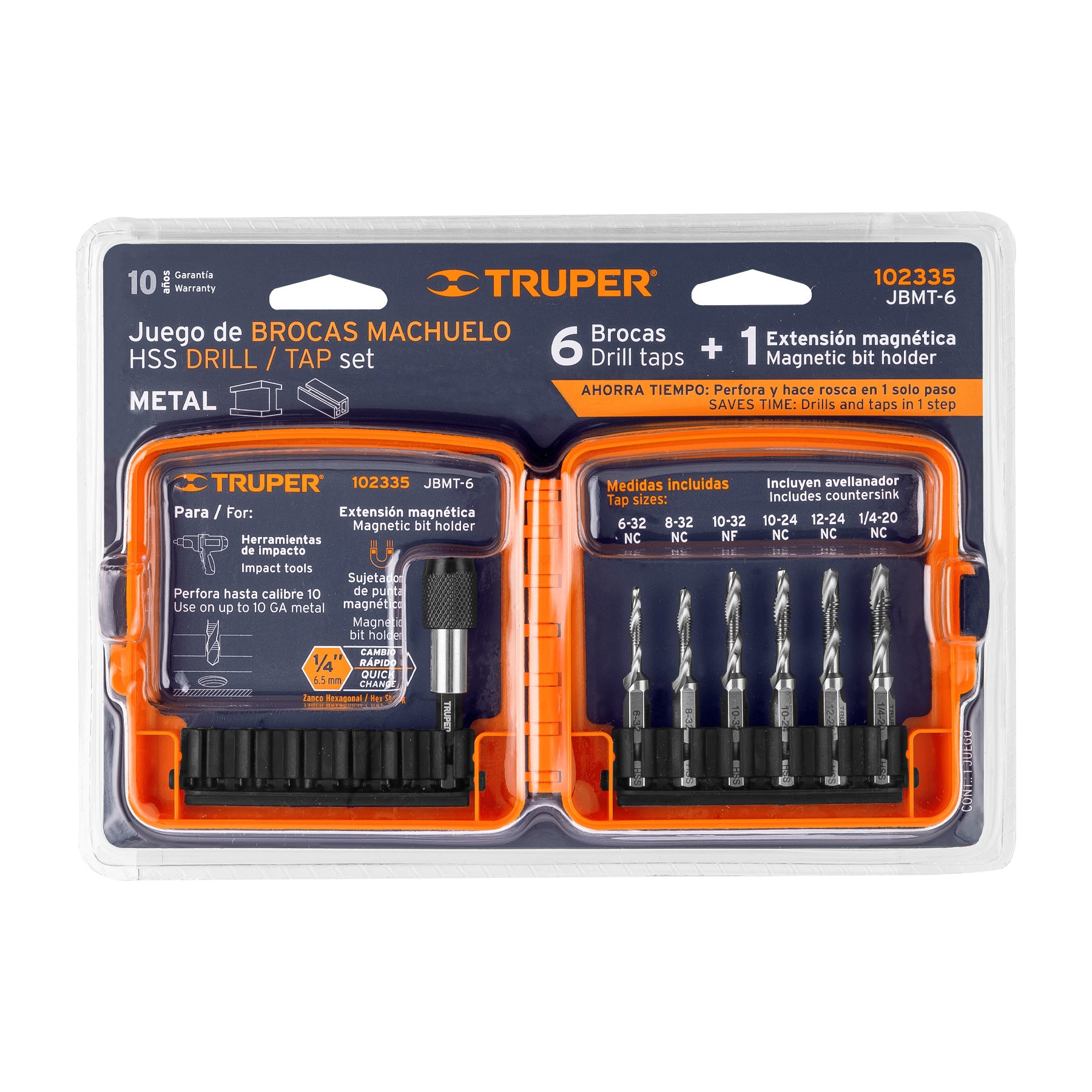 Juego de 6 brocas HSS con machuelo para metal Truper